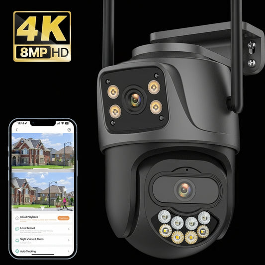 External Wifi PTZ Camera Dual Lens 4K 8MP HD Outdoor IP Camera 4MP Auto Tracking Security Protection CCTV Surveillance Icsee P2P